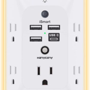 Outlet Extender with Night Light, HANYCONY Multi Plug Outlet, USB Wall Charger Surge Protector 4 USB Ports(1 USB C), Power Strip Electrical Outlet Splitter Expander for Home Office Dorm Room, ETL