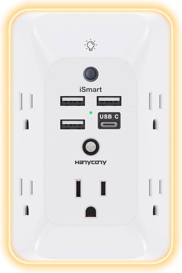 Outlet Extender with Night Light, HANYCONY Multi Plug Outlet, USB Wall Charger Surge Protector 4 USB Ports(1 USB C), Power Strip Electrical Outlet Splitter Expander for Home Office Dorm Room, ETL