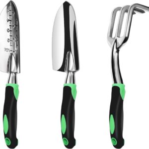 Garden Tool Set, 3 Pack Aluminum Heavy Duty Gardening Kit Includes Hand Trowel, Transplant Trowel and Cultivator Hand Rake with Soft Rubberized Non-Slip Ergonomic Handle, Garden Gifts