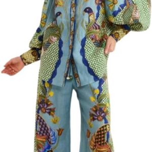 Shirt Set Fashionable Niche Personalized Printed Puff Sleeve Holiday Casual Drawstring Suit for Women