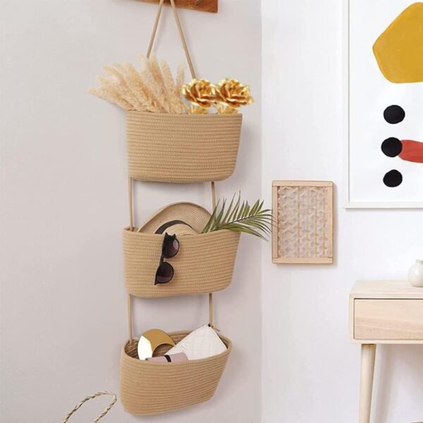 TeoKJ Over the Door Hanging Basket, 3-Tier Woven Cotton Wall-Mounted Storage Organizer Bag Decorative Hanging Nursery Baskets - Jute - Image 6