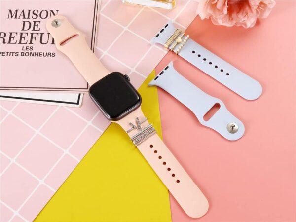 5Pcs Charms for Apple Watch band 41mm 45mm 40mm 44mm 38mm 42mm 46mm 49 Women,Diamond+Metal Jewelry Decorative Ring For iWatch series 10 9 8 7 6 5 4 3 se,Galaxy watch 7/6/5/4,Silicone strap Accessories - Image 5
