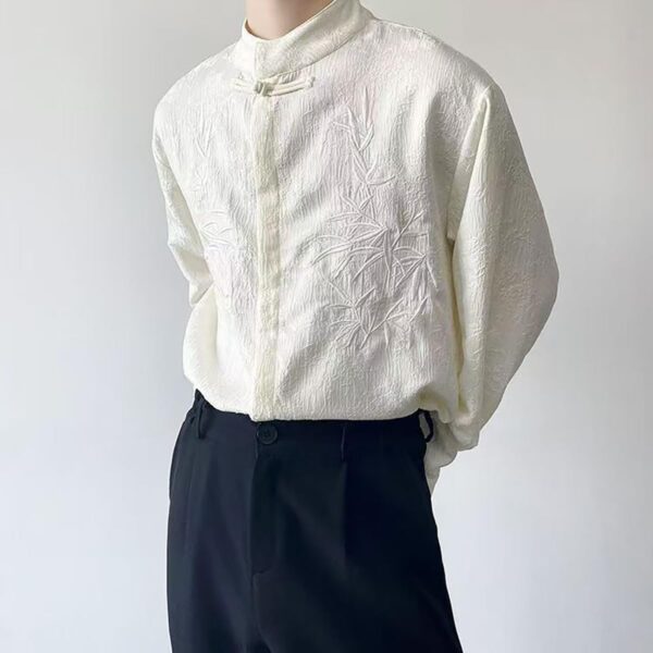 Men's Chinese Embroidery Style Print Niche Zhongshan Collar Long Sleeved top Personalized Loose Fashionable Design - Image 6