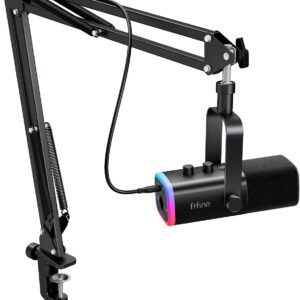 FIFINE XLR/USB Gaming Microphone Set, Dynamic PC Mic for Streaming Podcasting, Computer RGB Mic Kit with Boom Arm Stand, Mute Button, Headphones Jack, for Recording Vocal Voice-Over-AmpliGame AM8T