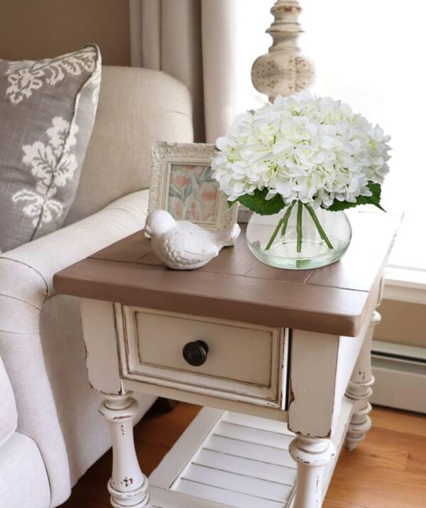 Hollyone Hydrangea Artificial Flowers with Vase White Silk Fake Flowers Arrangements in Glass Vase with Faux Water for Home Bathroom Office Table Centerpiece Shelf Decorations - Image 5
