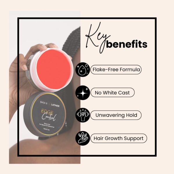 BASK & LATHER Strong Hold Edge Control Gel with Castor Oil, Non-Greasy, Non-Flaking, No White Cast, Long Lasting, Supports Hair Growth, Natural Formula, For All Hair Types, 5.3 Fl Oz - Image 4