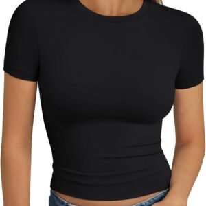 Trendy Queen Womens Basic T Shirts Summer Tops 2025 Short Sleeve Crop Tops Slim Fit Gym Workout Y2k Clothes