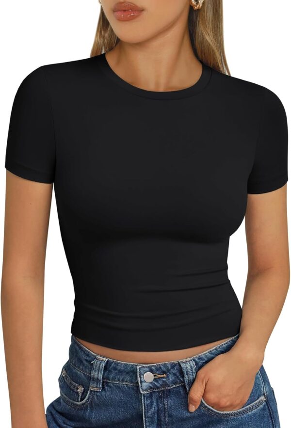 Trendy Queen Womens Basic T Shirts Summer Tops 2025 Short Sleeve Crop Tops Slim Fit Gym Workout Y2k Clothes