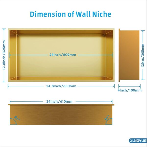 Brushed Gold Shower Niche: No Tile Needed Stainless Steel - 24"x12" Recessed Wall Niches Shelf for Bathroom Kitchen Toilet Storage - Image 8
