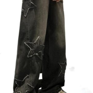 Y2K Vintage Men Korean Blue Streetwear Oversize Star Aesthetic Straight Trousers Wide Leg Jeans Grunge Denim Pants