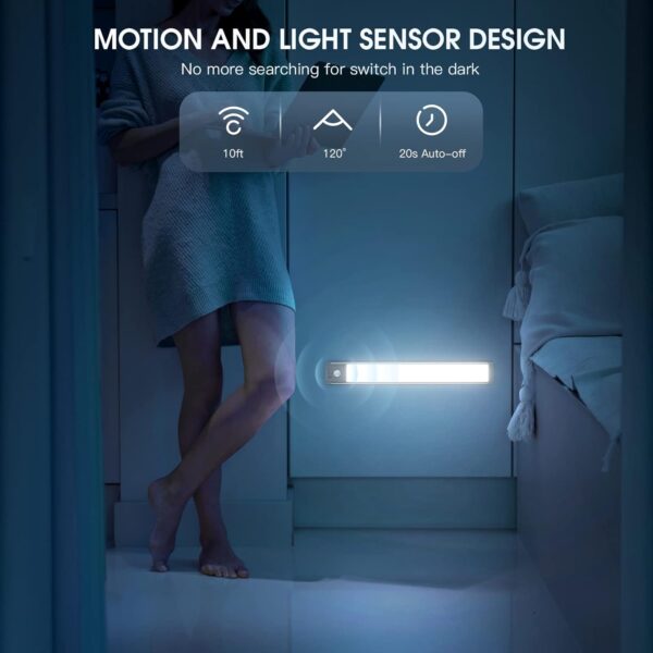 10inch Under Cabinet Lighting, 2 Pack Rechargeable Motion Sensor Light Indoor, 5 Levels Dimmable Magnetic Closet Lights, Wireless Under Counter Lights for Kitchen, Stairs - Image 4