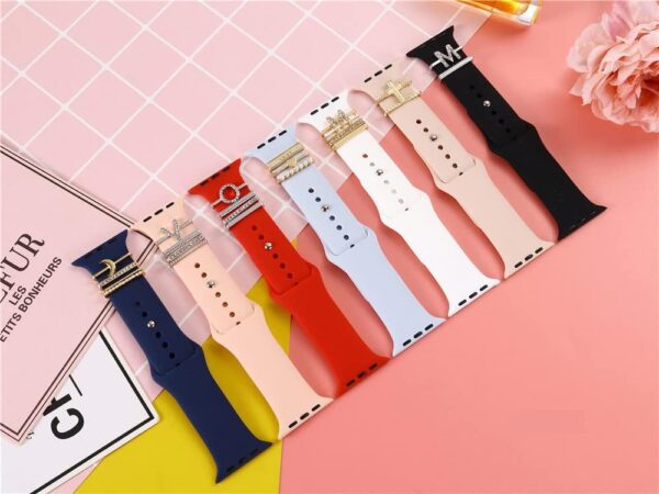 5Pcs Charms for Apple Watch band 41mm 45mm 40mm 44mm 38mm 42mm 46mm 49 Women,Diamond+Metal Jewelry Decorative Ring For iWatch series 10 9 8 7 6 5 4 3 se,Galaxy watch 7/6/5/4,Silicone strap Accessories - Image 6