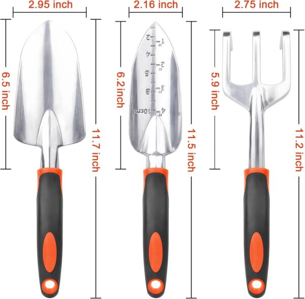 Garden Tools Set, 3 Pack Heavy Duty Gardening Tools Set Include Garden Shovel, Transplant Trowel and Hand Rake with Ergonomic Handle, Aluminum Alloy Lawn for Planting, Orange - Image 2