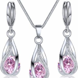 Fashionable Zircon Crystal Pendant Earrings Necklace Two-Piece Set for Women, Simple and Niche Hollow Water Droplet Jewelry Silver White