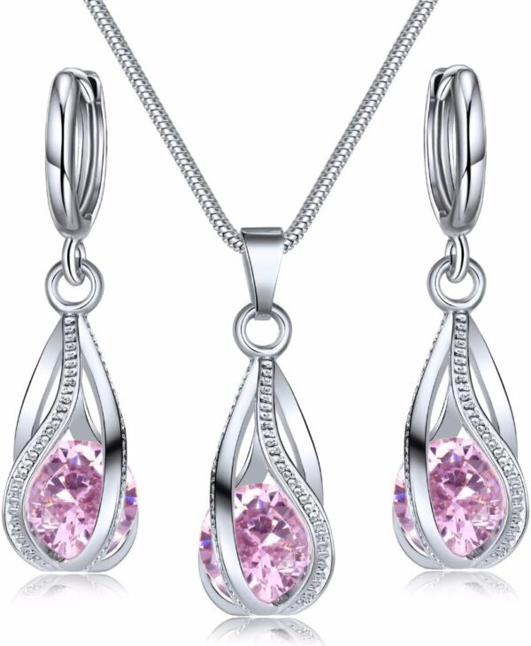 Fashionable Zircon Crystal Pendant Earrings Necklace Two-Piece Set for Women, Simple and Niche Hollow Water Droplet Jewelry Silver White
