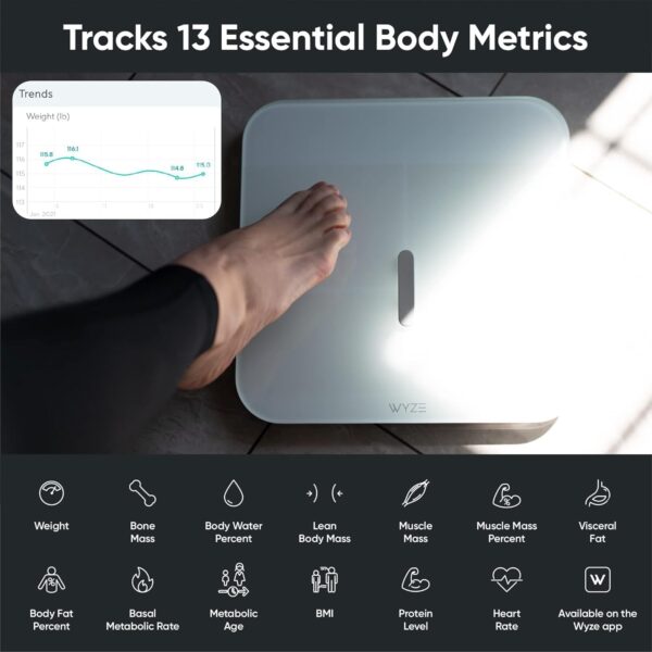 Wyze Smart Scale X - FSA/HSA Eligible - Digital Bathroom Scale for Body Weight, BMI, Body Fat, Muscle Mass, Heart Rate Monitor | ITO Glass & LED Backlight | Batteries Included, 400 lbs (White) - Image 4