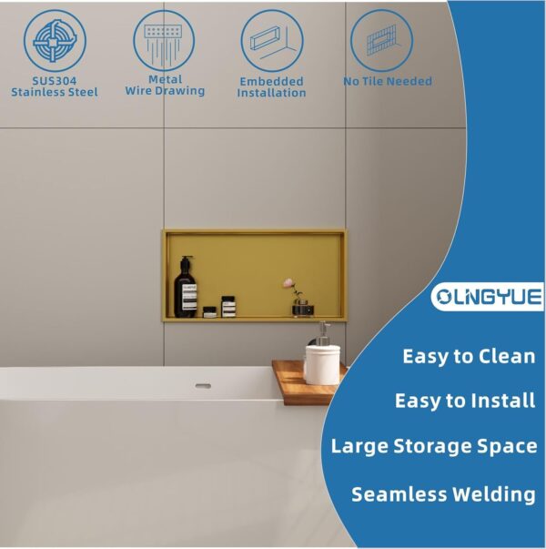 Brushed Gold Shower Niche: No Tile Needed Stainless Steel - 24"x12" Recessed Wall Niches Shelf for Bathroom Kitchen Toilet Storage - Image 4