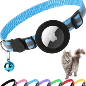 Airtag Cat Collar Breakaway, Reflective Kitten Collar with Apple Air Tag Holder and Bell for Girl Boy Cats, 0.4 Inches in Width and Lightweight (Blue)