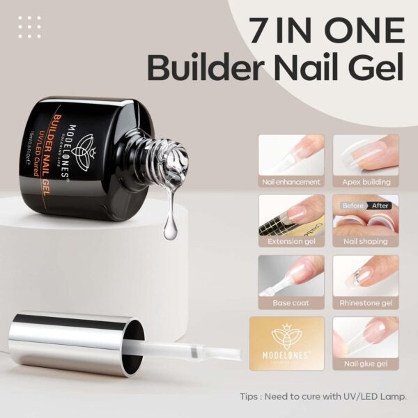 modelones Builder Nail Gel, 7-in-One Clear Builder for Nails, LED Lamp Cured Color Rubber Base Gel Polish Coat Strengthener Thickening Extension Rhinestone Glue in a Bottle for DIY Home Salon Gifts - Image 2