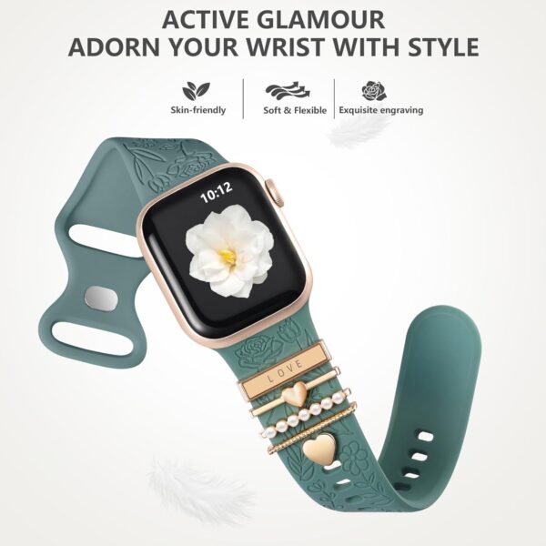 DaQin Flower Engraved Band Compatible with Apple Watch Bands for Women 40mm 38mm 41mm 42mm, Soft Silicone Band With Decorative Apple Watch Charms for iWatch Series 10 9 8 7 6 5 4 3 2 1 SE - Image 5