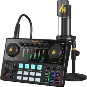 MAONO Podcast Equipment Bundle with Audio Interface and XLR Condenser Microphone, MaonoCaster with 48V Phantom Power, Bluetooth for Podcast, Streaming, Voice Over, Youtube, PC, Guitar (AME2A)