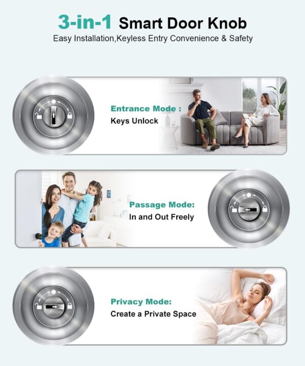 Fingerprint Door Lock, Smart Fingerprint Door Knob with Lock, Biometric Door Lock with App Control & Key, Keyless Thumbprint Entry Door Lock for Bedroom, Front Door, Home, Apartment - Brushed Silver - Image 7