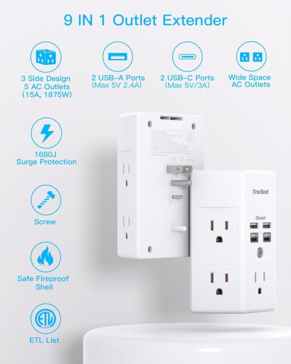Surge Protector, 5 Outlets Extender with 4 USB Ports(USB C), 3-Side 1680J Power Strip Multi Plug Outlet Expander, USB Wall Charger, Outlet Splitter Adapter Wall Mount for Home Travel Office ETL Listed - Image 2