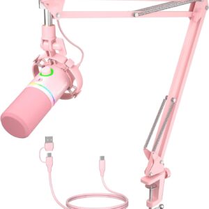MAONO XLR/USB Dynamic Microphone Kit, RGB Gaming Mic with Software, Mute, Gain Knob, Volume Control, Boom Arm for Streaming, Podcasting, Voice-Over, Recording-PD200XS Pink