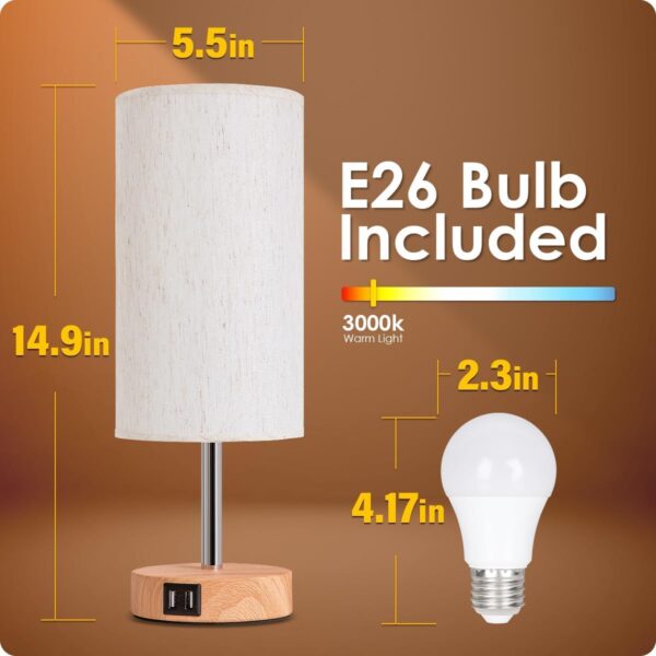 Yarra-Decor Bedside Table Lamp with USB Port - Touch Control for Bedroom Wood 3 Way Dimmable Nightstand Lamp with Round Flaxen Fabric Shade for Living Room, Dorm, Home Office (LED Bulb Included) - Image 6