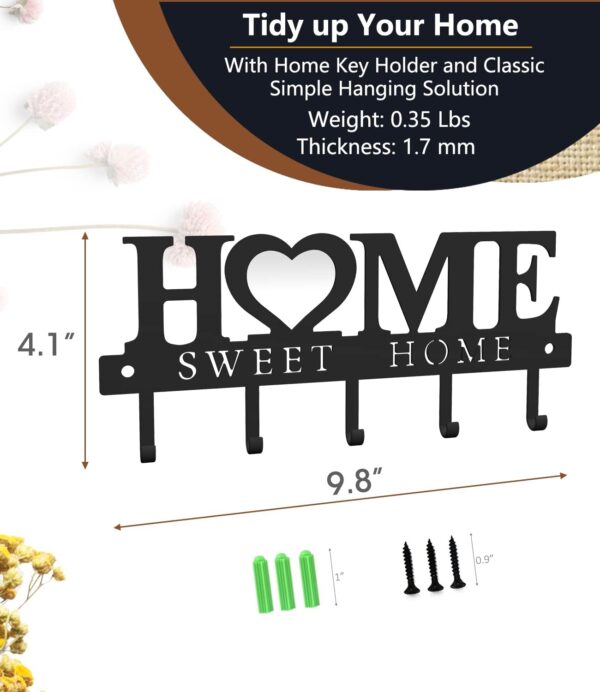 WIPHANY Key Holder Hooks Organizer Hanger Rack Wall Mounted with Screws and Anchors Home Sweet Home Wall Metal Decor for Entryway Front Door Kitchen Hallway Garage Mudroom Office 9.8inches/25cm - Image 5