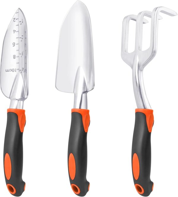 Garden Tools Set, 3 Pack Heavy Duty Gardening Tools Set Include Garden Shovel, Transplant Trowel and Hand Rake with Ergonomic Handle, Aluminum Alloy Lawn for Planting, Orange - Image 8