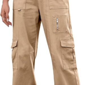 IVIR Cargo Pants Women High Waist Wide Leg Casual Pants with 7 Pockets Stretchy Drawstring Baggy Y2K Trousers