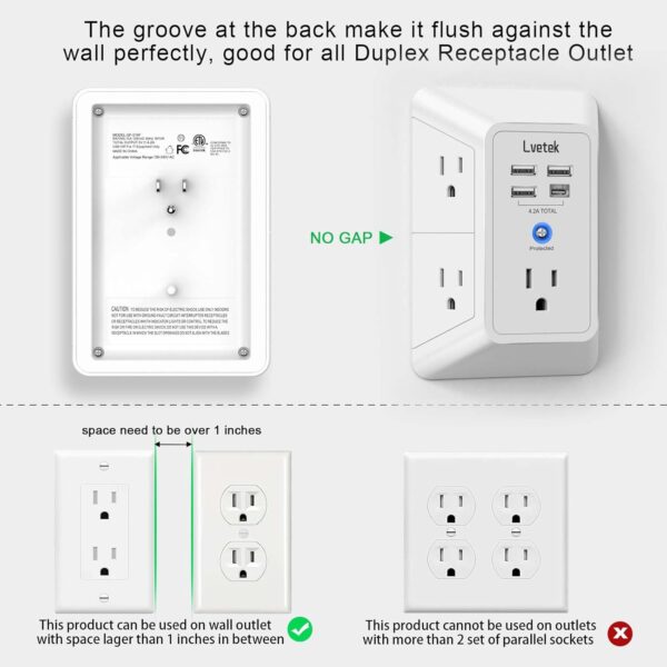 5 Outlet Extender Multi Plug Wall Outlets with 4 USB Charging Ports (1 USB C Outlet), 3 Sided 1680J Surge Protector Power Strip USB Wall Charger for Home, Office, Travel, ETL Listed, White - Image 5