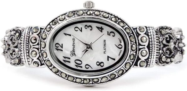 Silver Black Vintage Style Marcasite Crystal Oval Face Women's Bangle Cuff Watch - Image 5