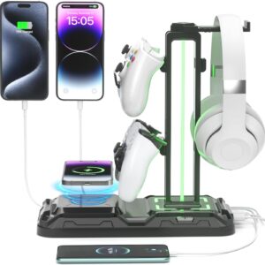 KDD Headphone & Controller Stand with Wireless Charging - Rotatable Headset Stand with 9 Light Modes - Controller Holder with 2 USB and Type C Ports - for Gamers Desktop Accessories