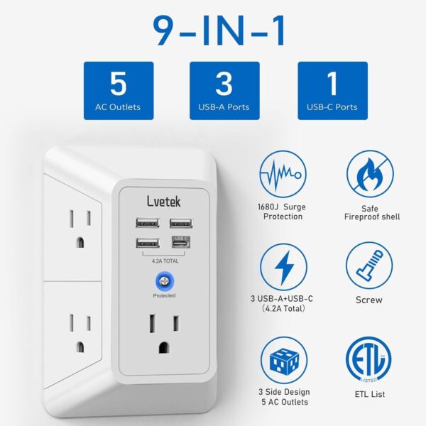 5 Outlet Extender Multi Plug Wall Outlets with 4 USB Charging Ports (1 USB C Outlet), 3 Sided 1680J Surge Protector Power Strip USB Wall Charger for Home, Office, Travel, ETL Listed, White - Image 4