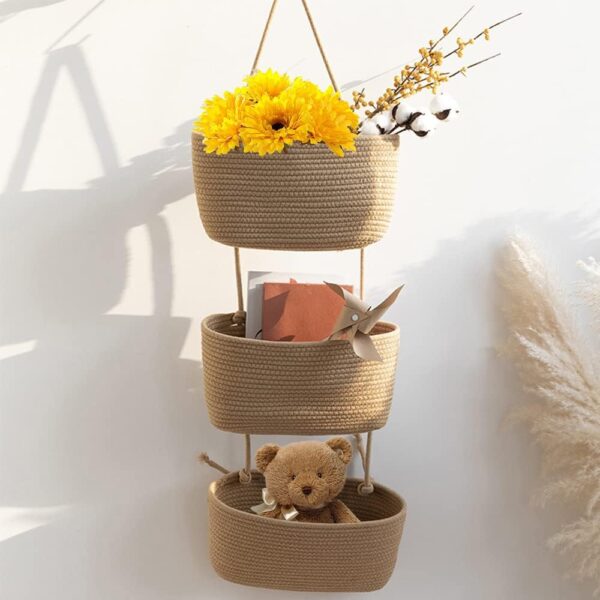 TeoKJ Over the Door Hanging Basket, 3-Tier Woven Cotton Wall-Mounted Storage Organizer Bag Decorative Hanging Nursery Baskets - Jute - Image 7