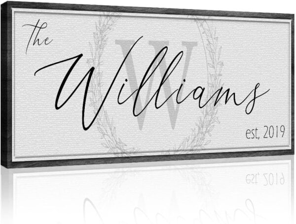 Tailored Canvases Personalized Family Sign - Last Name Signs For Home, Custom Wall Decor Canvas for Living Room, Fireplace, Kitchen, Porch, & Front Door - Monogram on White, Grey Wooden Border, 20"x10" - Image 3