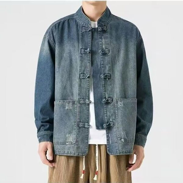 NCDUANSAN New Chinese style button up men's denim jacket, niche long sleeved jacket, casual and fashionable design hip-hop - Image 4