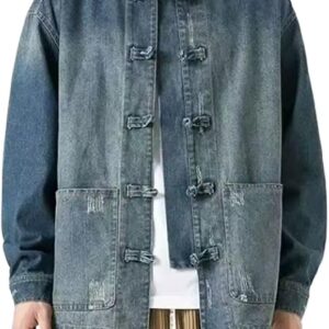 NCDUANSAN New Chinese style button up men's denim jacket, niche long sleeved jacket, casual and fashionable design hip-hop