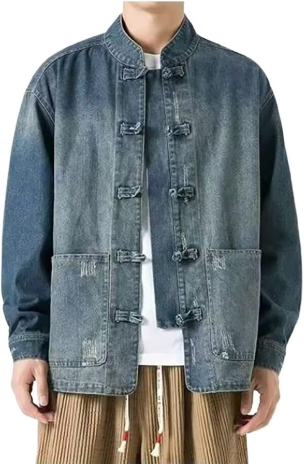 NCDUANSAN New Chinese style button up men's denim jacket, niche long sleeved jacket, casual and fashionable design hip-hop