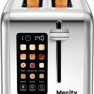 Mecity 2 Slice Toaster Touch Screen 1.5" Wide Slot, Stainless Steel Smart Bread Toaster for Bagel Muffin Waffle Gluten Free Breads, Timer, Defrost, Reheat, 120V 825W