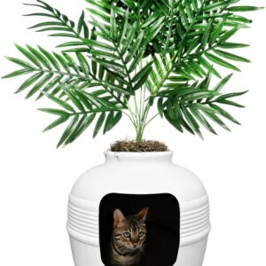 Good Pet Stuff Hidden Cat Litter Box Enclosure with Artificial Plant, Decorative Round Planter, Vented Carbon Charcoal Filter for Odor Control, Easy-to-Clean, Made in USA, Base Kit, White