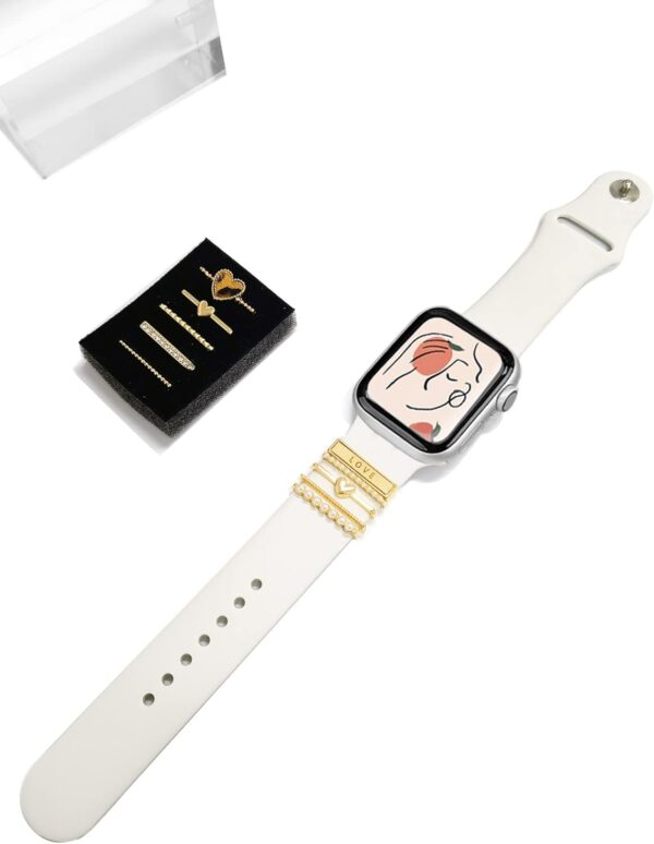 5Pcs Charms for Apple Watch band 41mm 45mm 40mm 44mm 38mm 42mm 46mm 49 Women,Diamond+Metal Jewelry Decorative Ring For iWatch series 10 9 8 7 6 5 4 3 se,Galaxy watch 7/6/5/4,Silicone strap Accessories - Image 4