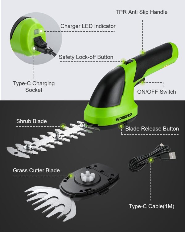 WORKPRO Cordless Grass Shear & Shrubbery Trimmer - 2 in 1 Handheld 7.2V Electric Grass Trimmer Hedge Shears/Grass Cutter Rechargeable Lithium-Ion Battery and Type-C Cable Included - Image 7