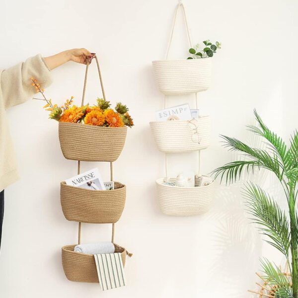 TeoKJ Over the Door Hanging Basket, 3-Tier Woven Cotton Wall-Mounted Storage Organizer Bag Decorative Hanging Nursery Baskets - Jute - Image 2