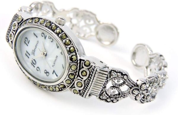 Silver Black Vintage Style Marcasite Crystal Oval Face Women's Bangle Cuff Watch - Image 2