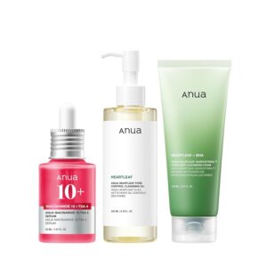 Anua 3-Step Glass Skin Beginner Set, Double Cleansing with Facial Serum, Oil Cleanser & Face Wash with Heartleaf, Daily Routine with Niacinamide, Korean Skincare Set