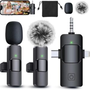 3 in 1 Professional Wireless Lavalier Microphone for iPhone, Android, Camera, Wireless Microphones, Mini Microphone, Crystal Clear Sound Quality for Recording, Live Streaming, YouTube, TikTok