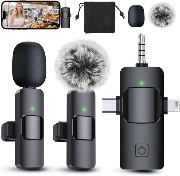3 in 1 Professional Wireless Lavalier Microphone for iPhone, Android, Camera, Wireless Microphones, Mini Microphone, Crystal Clear Sound Quality for Recording, Live Streaming, YouTube, TikTok